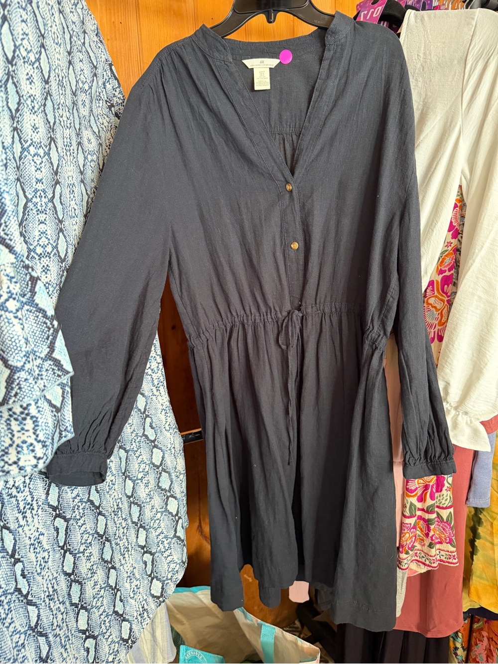 H&M Black Linen-Blend V-Neck Tie-Waist Dress